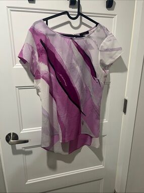 FYLO Pink & White Abstract Short-Sleeve Blouse